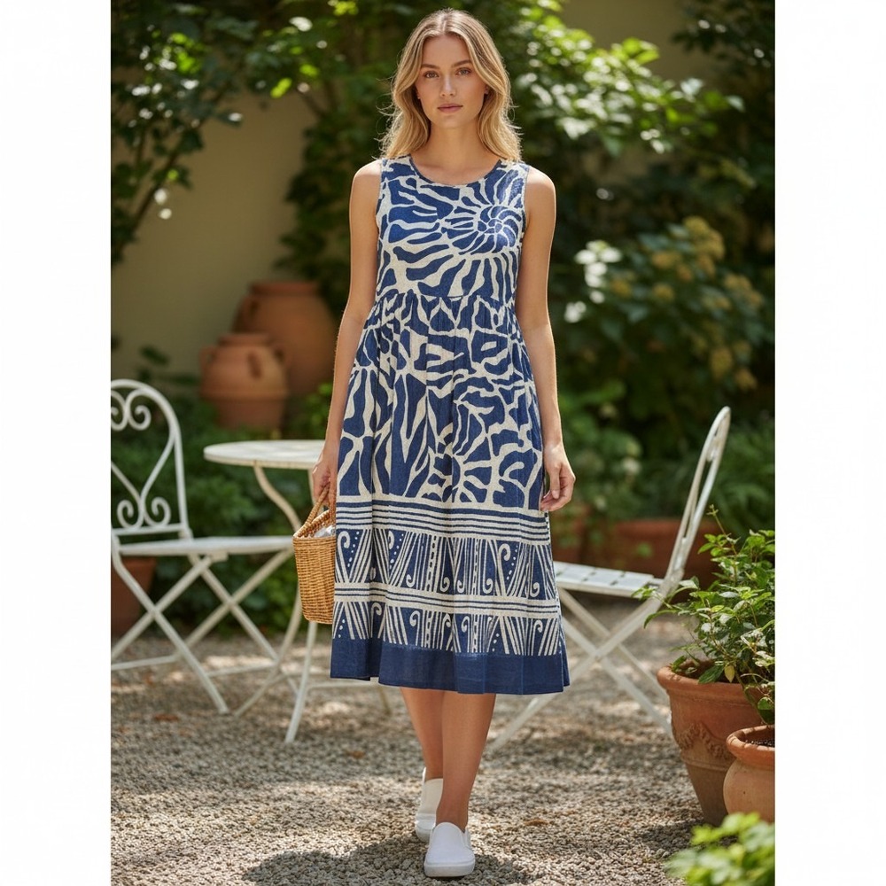 KAKTUS sleeveless dress women medium blue white cotton tribal print boho pockets
